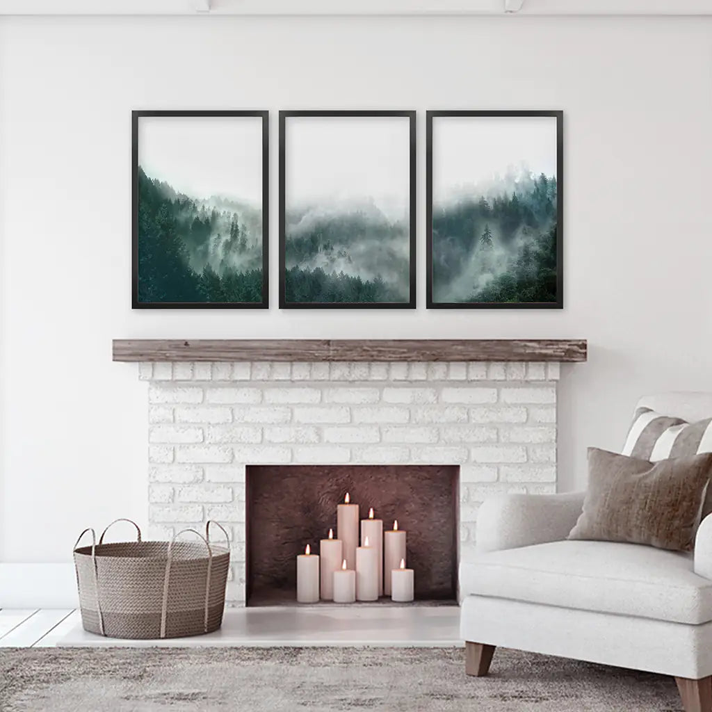 Foggy Forest Wall Art Set of 3. Scandinavian Decor