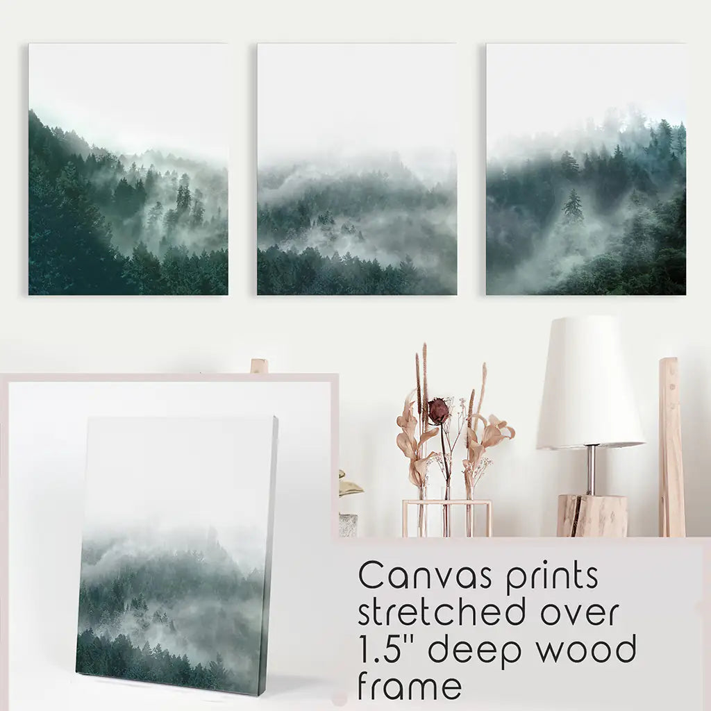 Foggy Forest Wall Art Set of 3. Scandinavian Decor