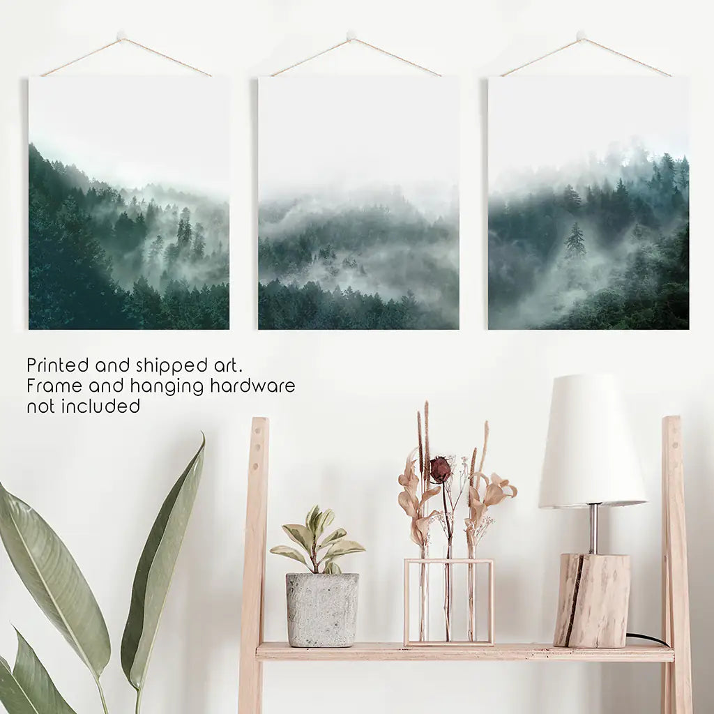 Foggy Forest Wall Art Set of 3. Scandinavian Decor