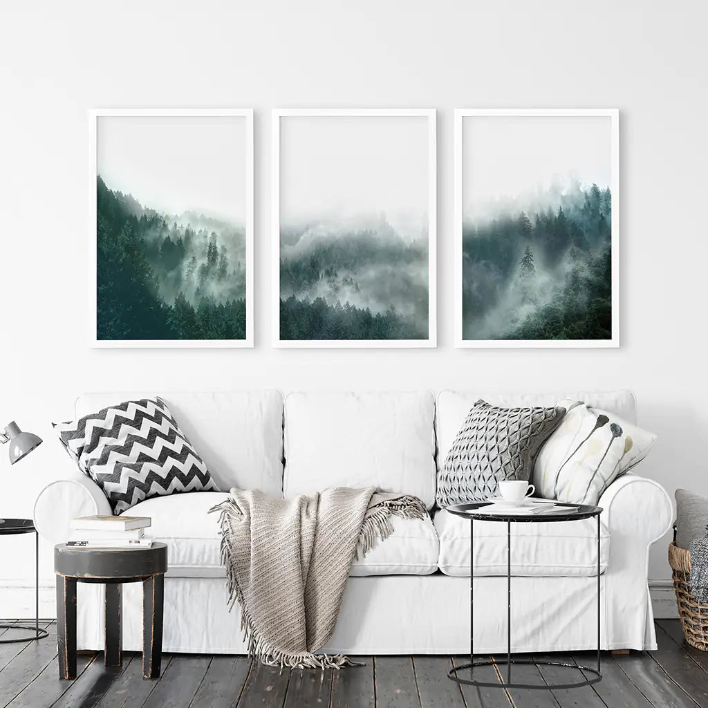 Foggy Forest Wall Art Set of 3. Scandinavian Decor