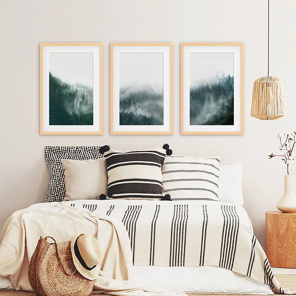 Foggy Forest Wall Art Set of 3. Scandinavian Decor