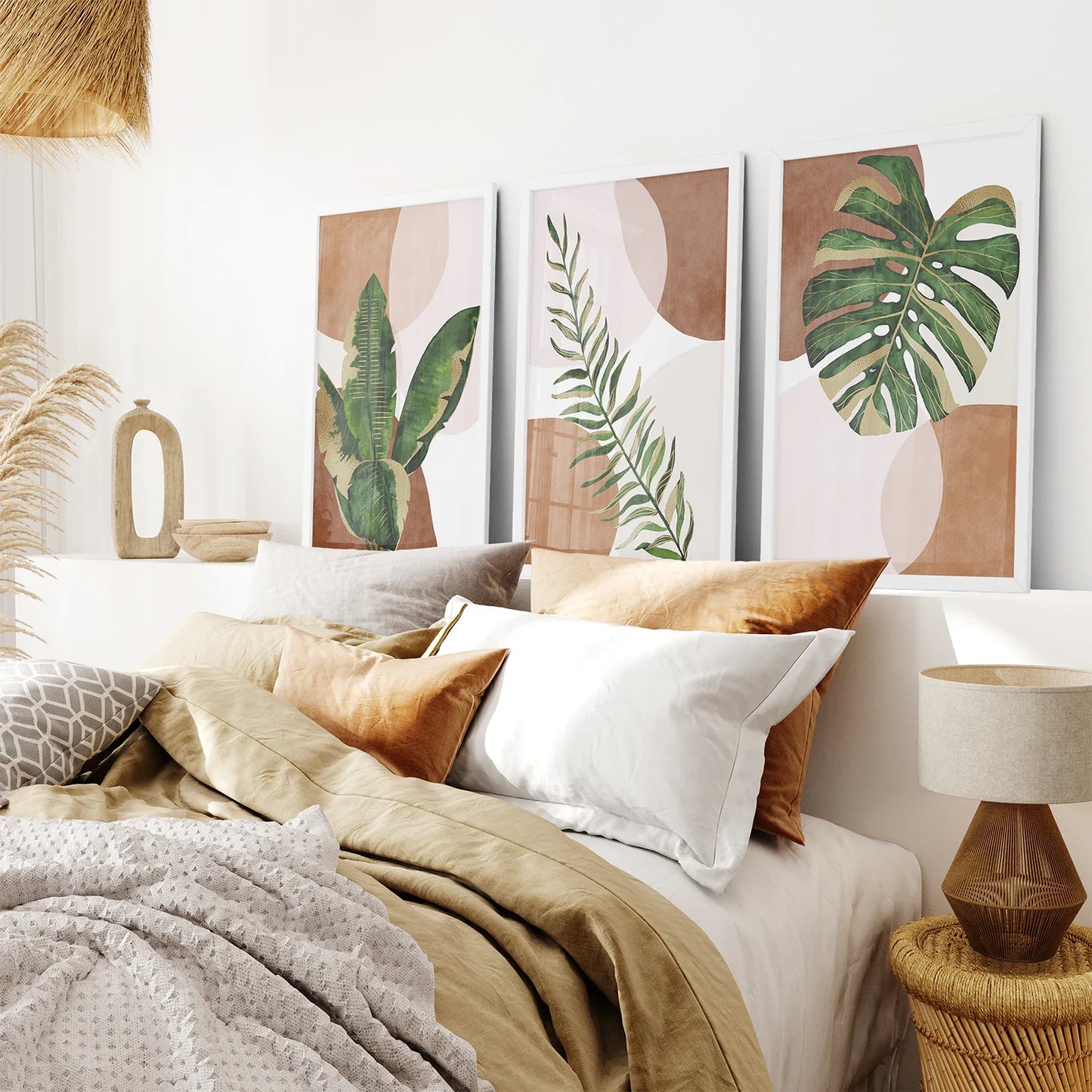 Terracotta Boho Wall Art Set of 3, Green Tropical Leaves