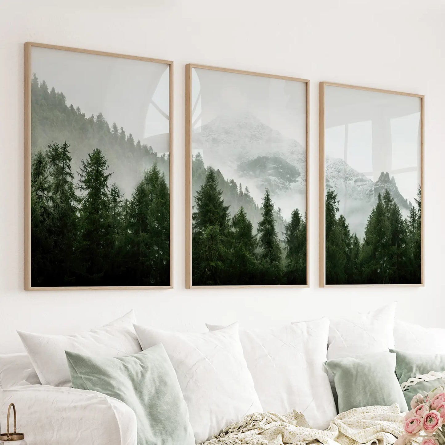 Set of 3 misty green mountain forest prints