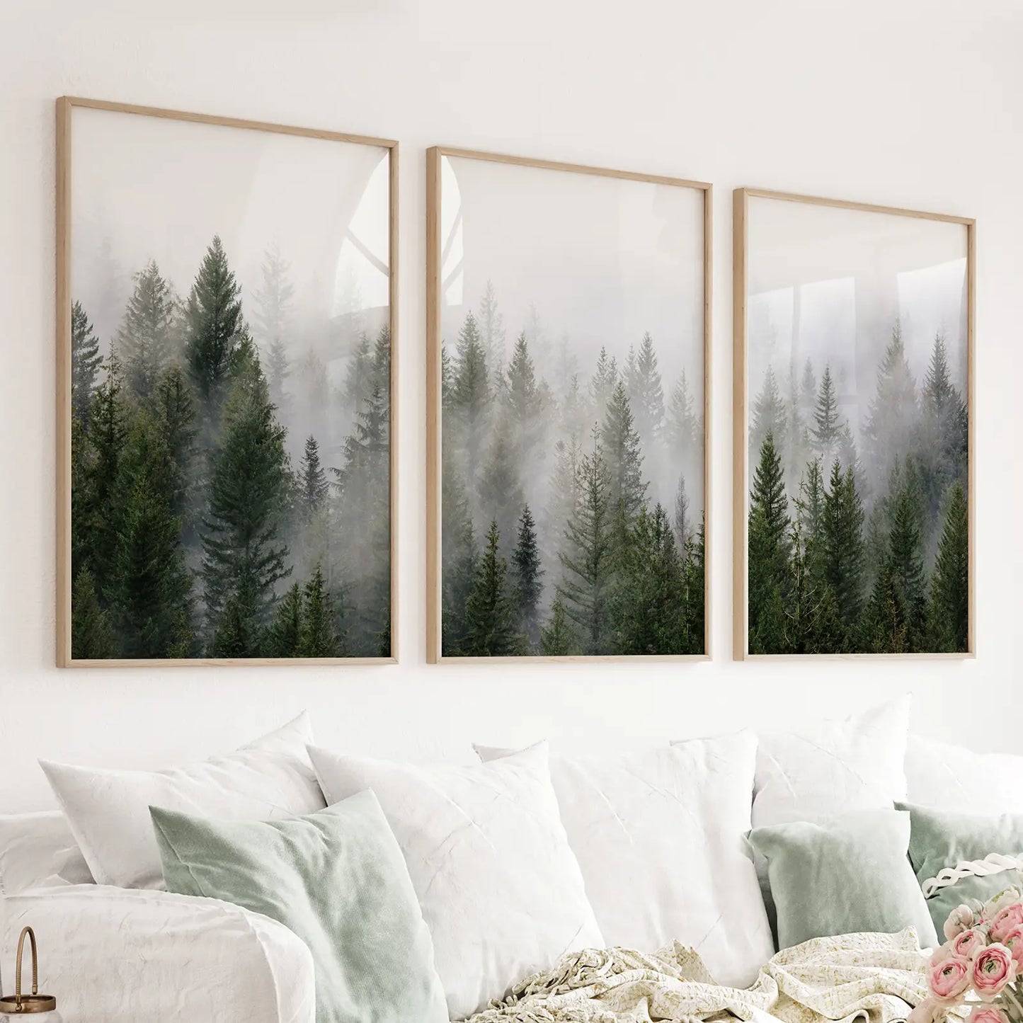 Foggy green pine forest 3 piece wall art set in misty Scandinavian style