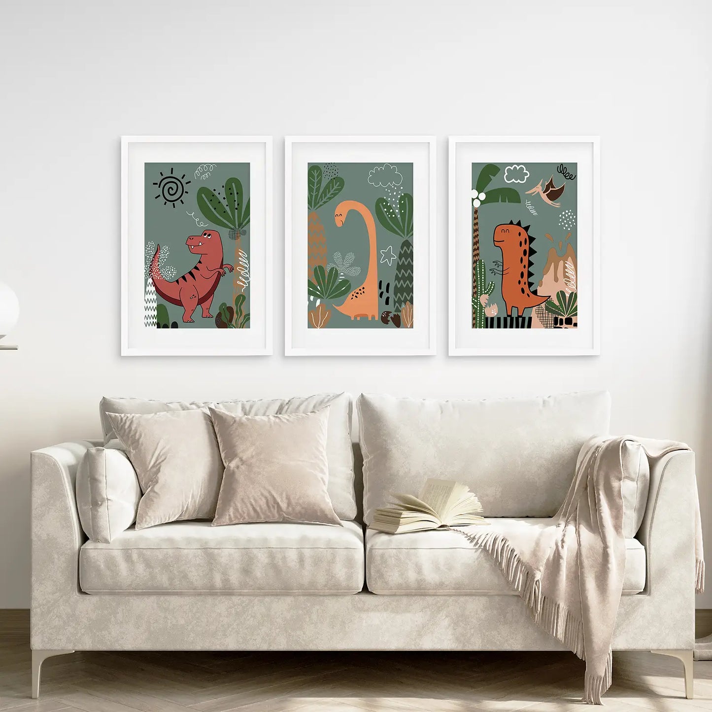 Green Dinosaur Nursery Wall Art Set of 3 Prints