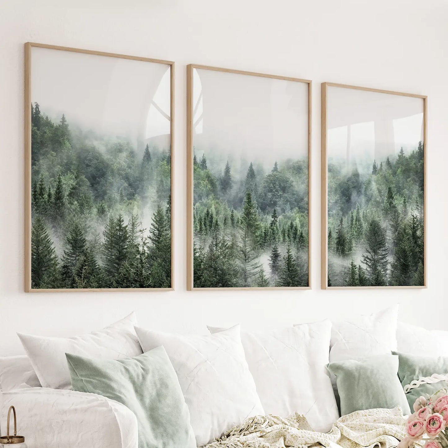 Minimalist green misty mountain forest 3 piece wall art set