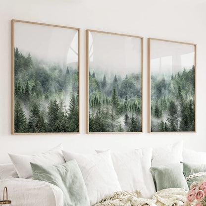 Minimalist green misty mountain forest 3 piece wall art set
