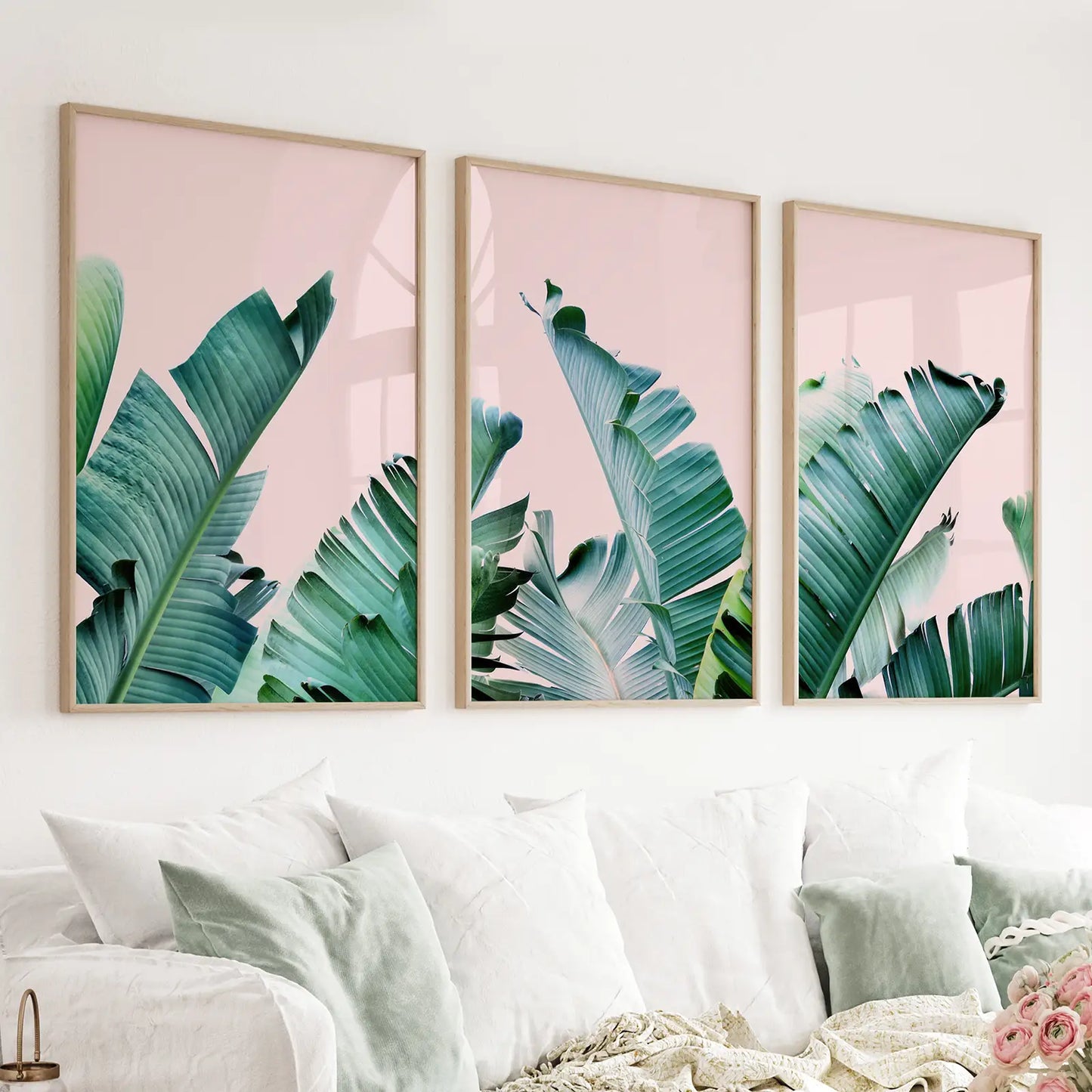 Green banana leaf on pink tropical triptych 3 piece wall art set