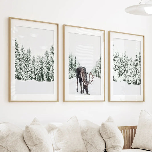 Winter Moose Wall Art Set of 3 Snowy Forest Prints