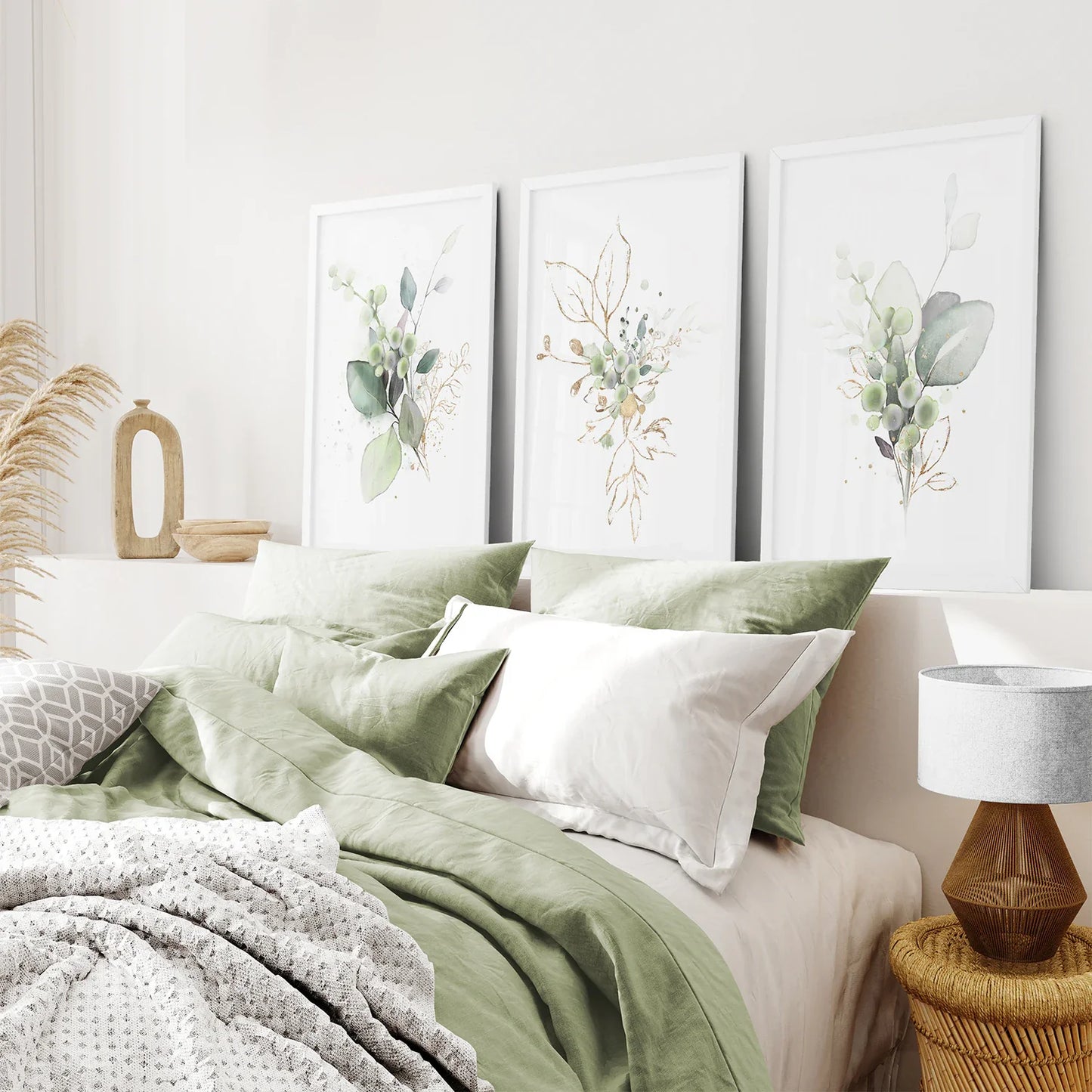 Green Watercolor Botanical Herbal Wall Art Set of 3