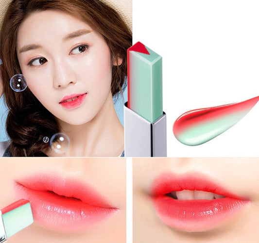 Green-mint two-tone lipstick showing blended ombre effect