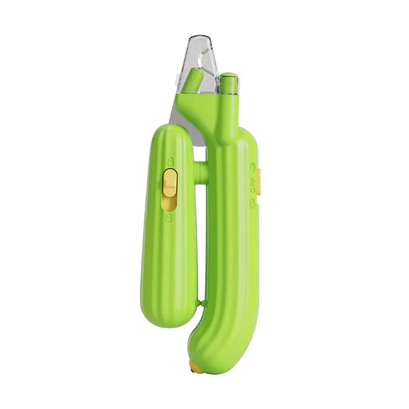 Green LED pet nail clipper shown upright with clear protective tip.
