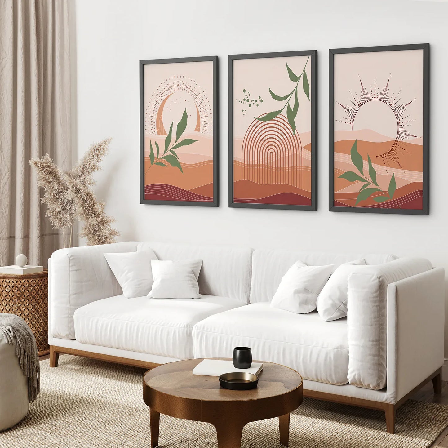 Boho Abstract Wall Art Set of 3, Green Leaves and Sun
