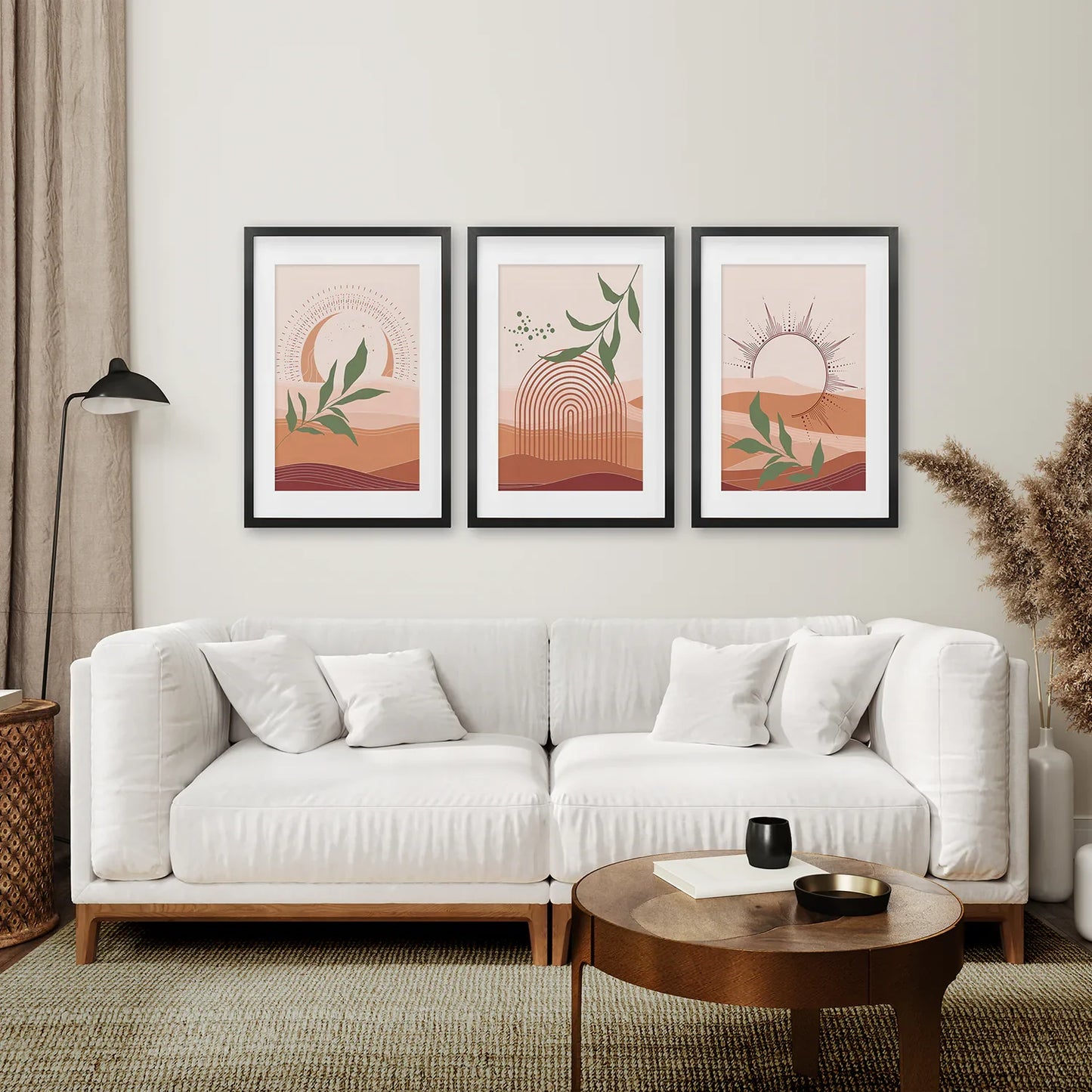 Boho Abstract Wall Art Set of 3, Green Leaves and Sun