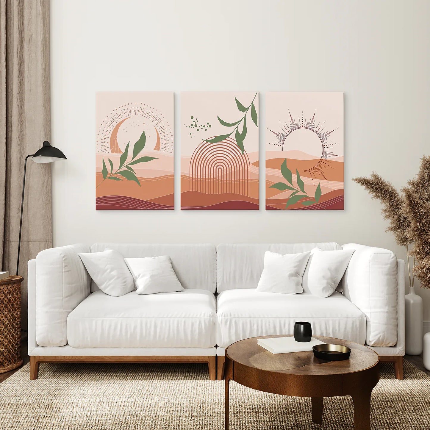 Boho Abstract Wall Art Set of 3, Green Leaves and Sun