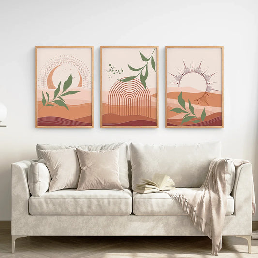 Boho Abstract Wall Art Set of 3, Green Leaves and Sun