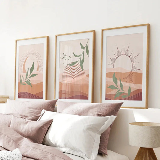 Boho abstract wall art set of 3 prints with green leaves and sun in earth tones