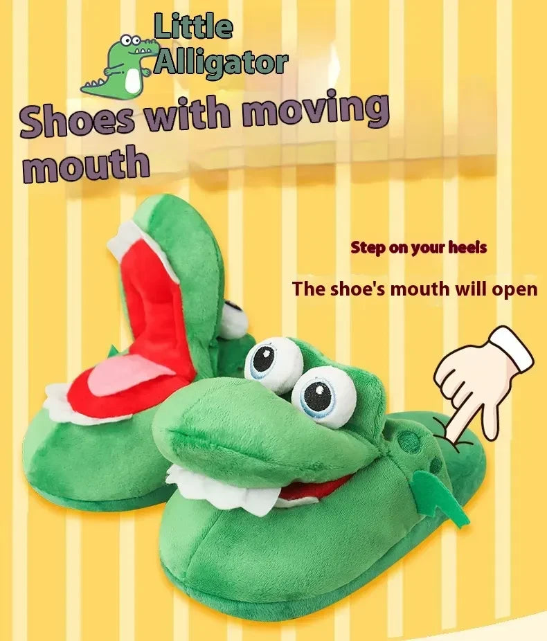 Green alligator shoes with a moving mouth on a yellow background