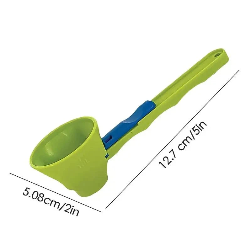 Green and blue measuring scoop with dimensions on a white background