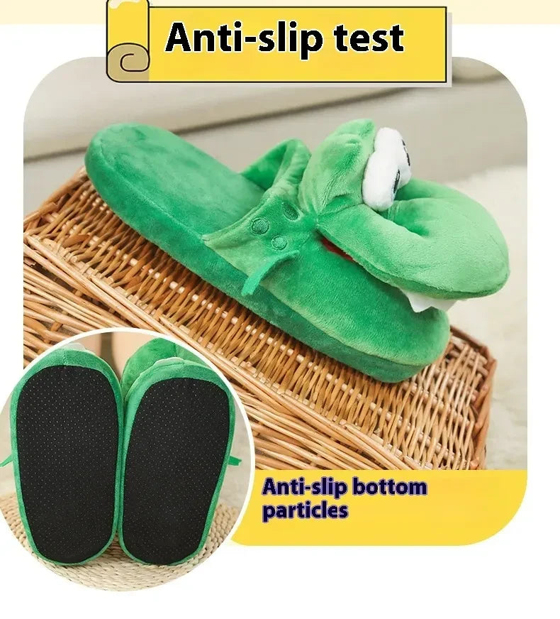 Green cartoon crocodile slippers with anti-slip test on a woven mat
