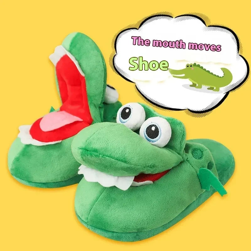 Green crocodile-themed slippers with a moving mouth on a yellow background