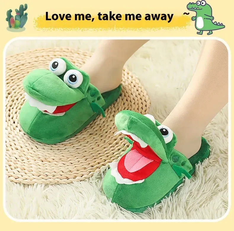 Green crocodile slippers worn by a person on a textured floor with text 'Love me, take me away' above.