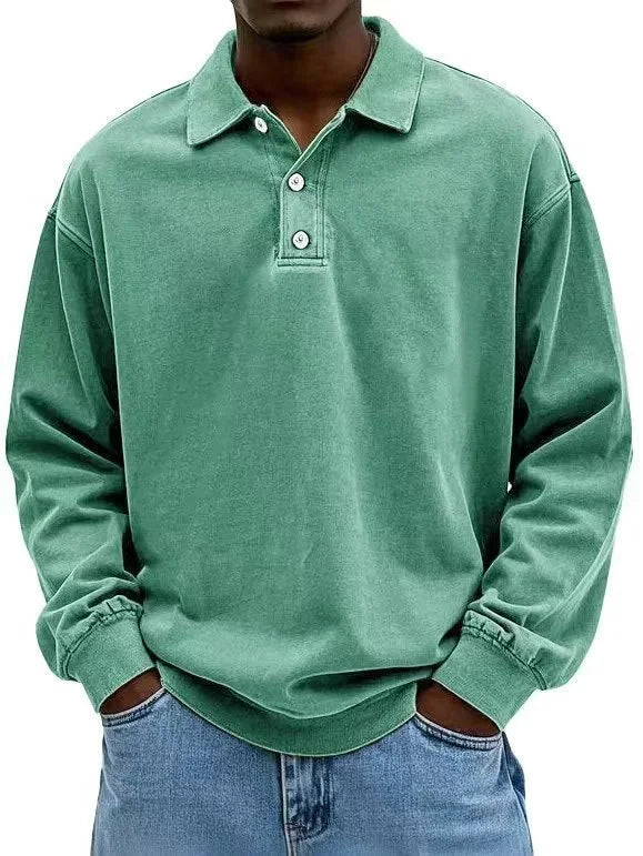 Green men’s long-sleeve vintage-wash polo sweatshirt shown front-on