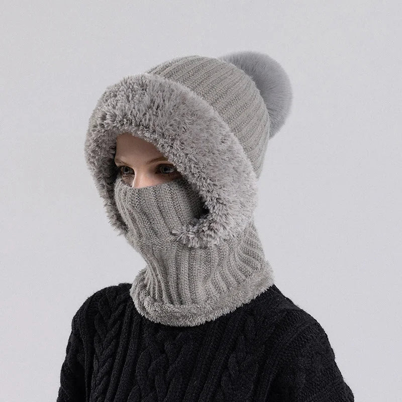 Grey knitted winter hat scarf mask with plush fur edge