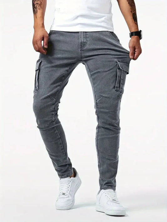 Grey men's casual cargo pants with side cargo pockets and slim tapered fit