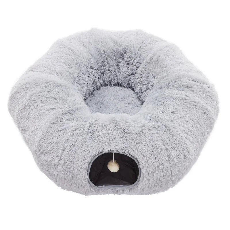 Grey plush donut cat cave tunnel with soft interior and peekaboo opening