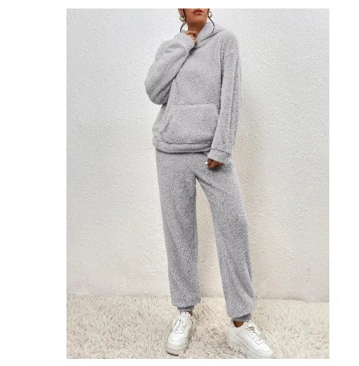 Grey women's winter plush pajama set fuzzy hooded sweatsuit lounge set