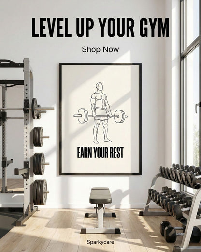 Gym interior with motivational poster and fitness equipment.