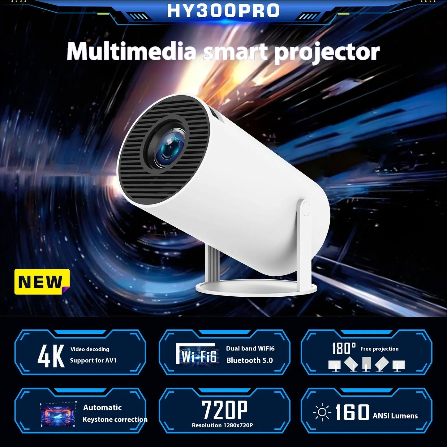 HY300PRO portable smart projector with WiFi and Bluetooth in white
