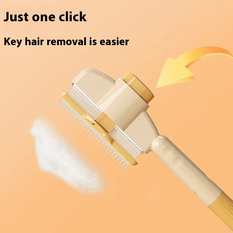 Hair removal tool for pets with comb design on a peach background