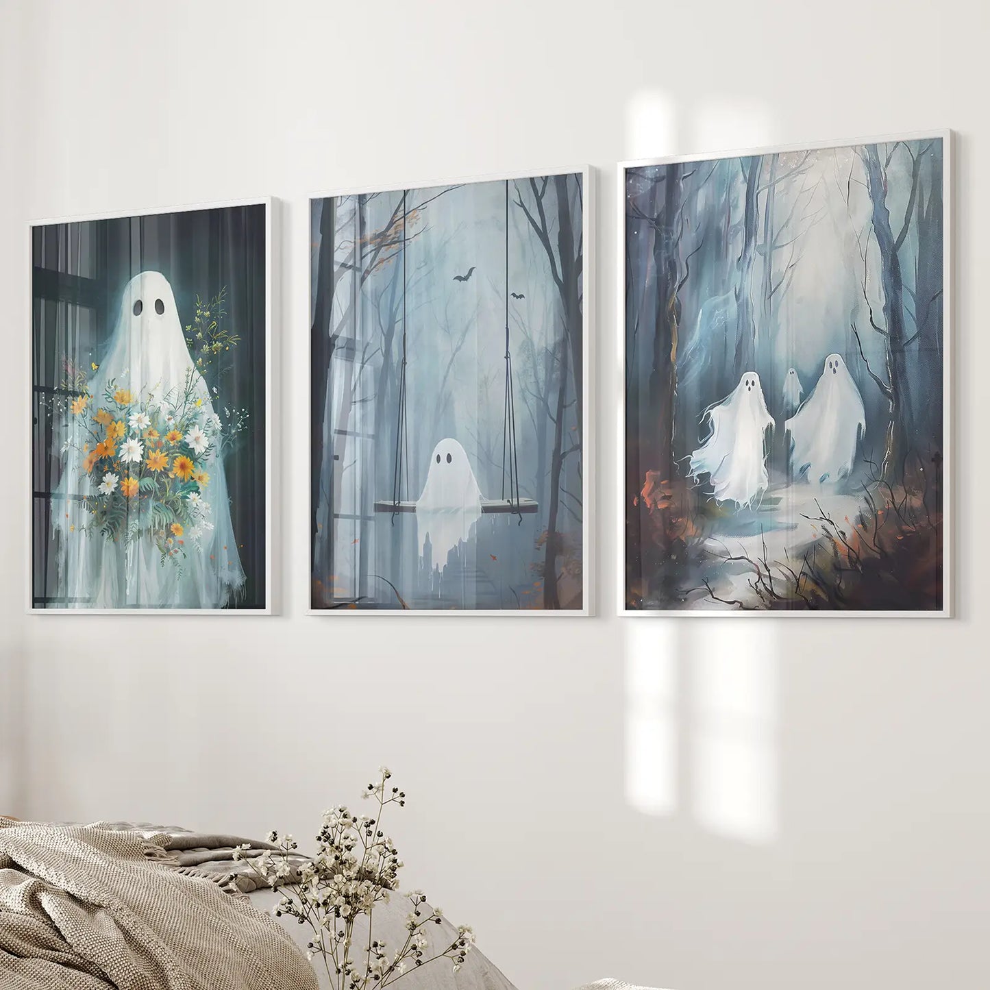 Cute Ghosts Halloween Wall Art Set of 3 Prints