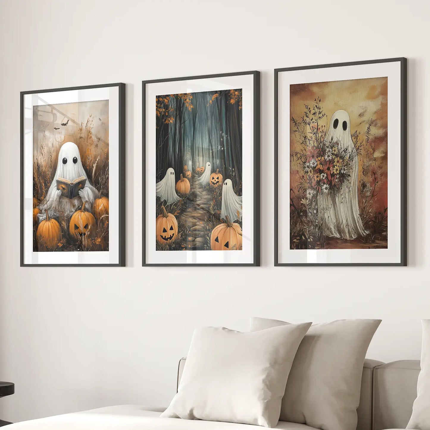 Spooky Ghosts Halloween Wall Art Set of 3 Prints