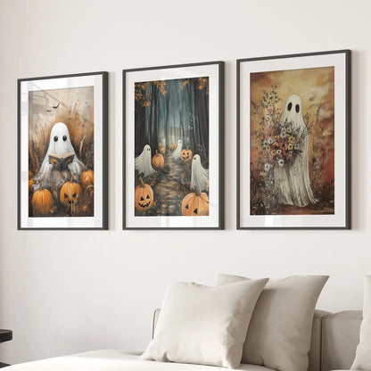 Spooky Ghosts Halloween Wall Art Set of 3 Prints