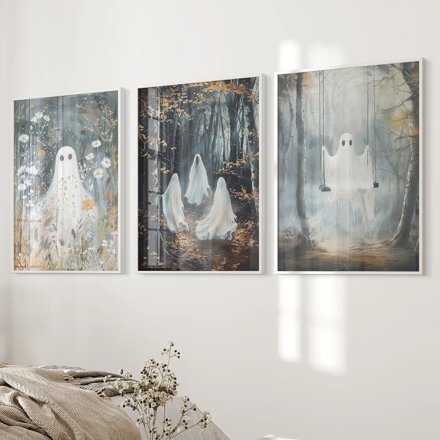 Halloween Ghost Wall Art Set of 3 Gothic Prints