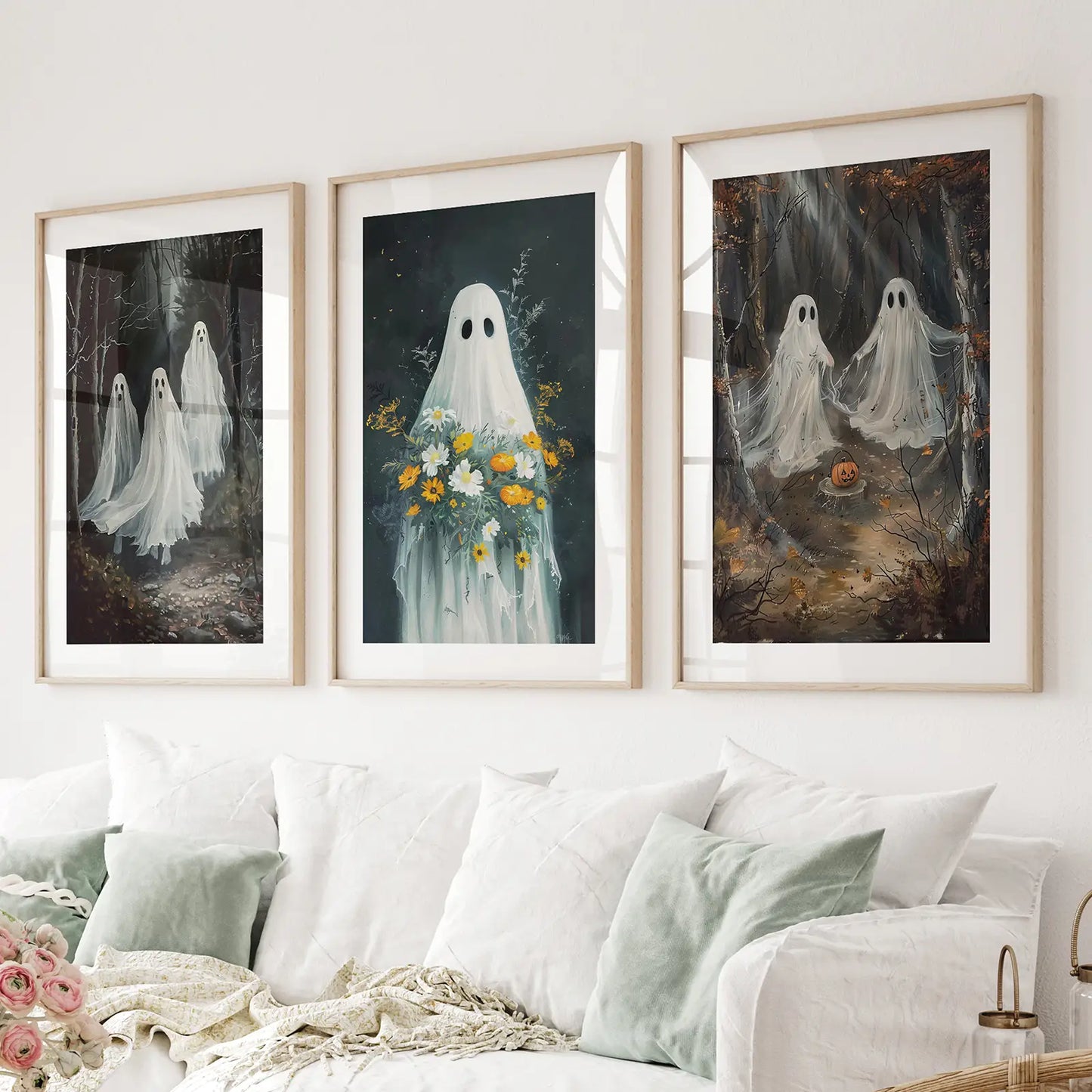 Halloween ghosts in the forest wall art set of 3 prints