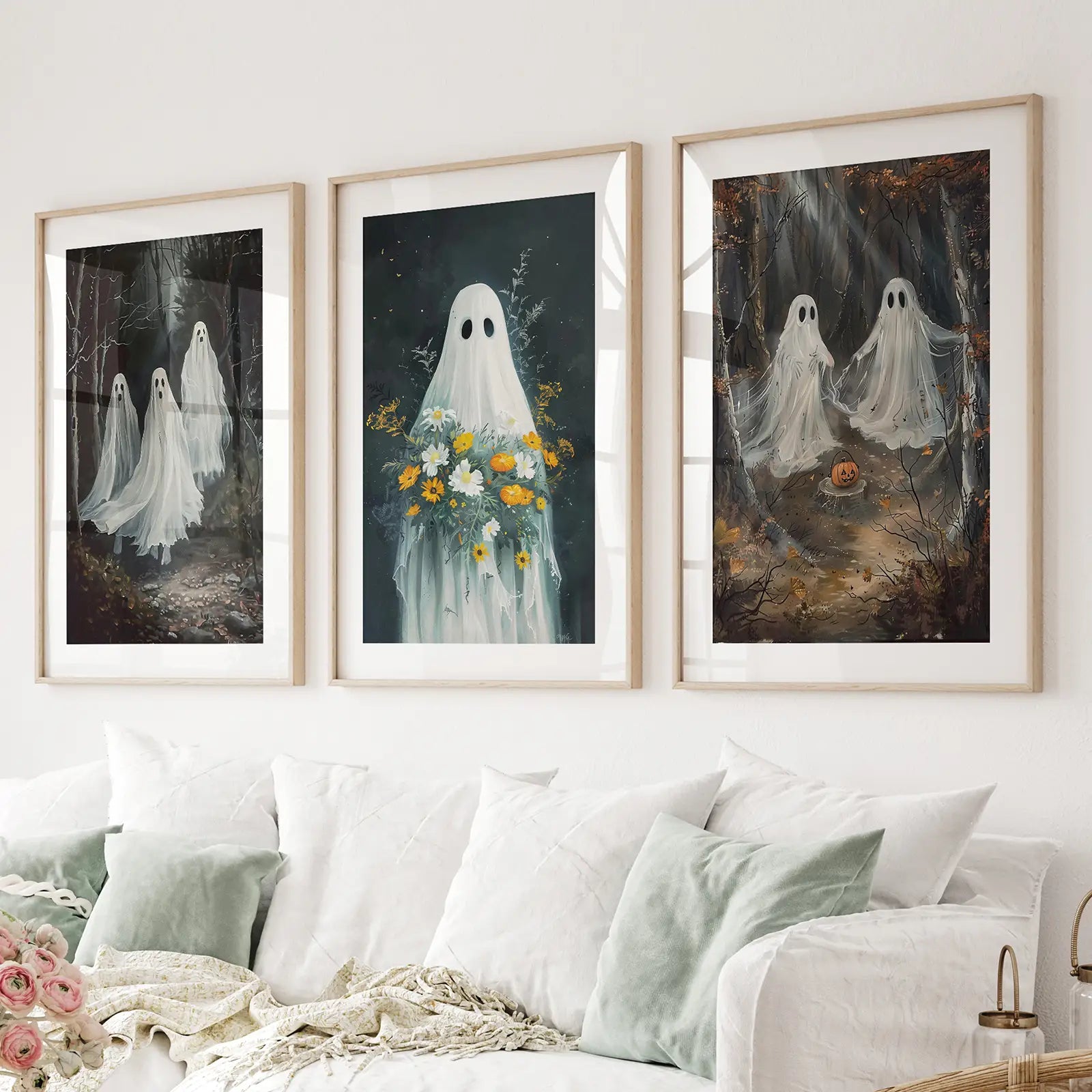 Halloween ghosts in the forest wall art set of 3 prints