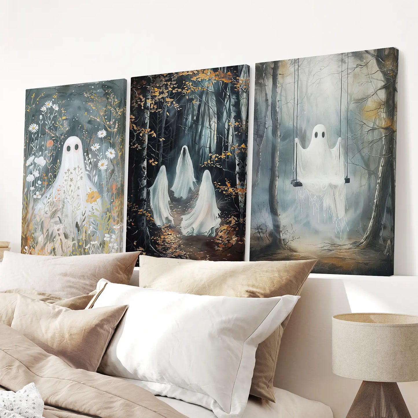 Halloween Ghost Wall Art Set of 3 Gothic Prints