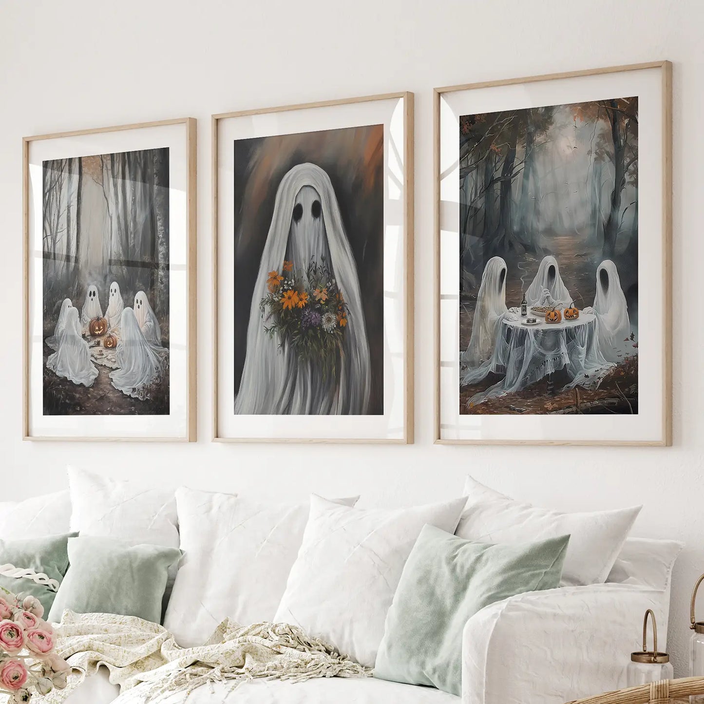 Moody Halloween ghosts wall art set of 3 prints with tea party