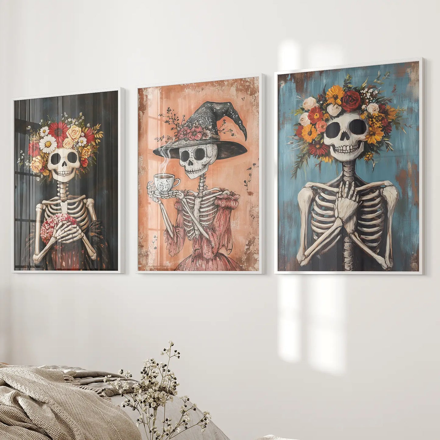 Cozy Floral Skeleton Halloween Wall Art Poster Set