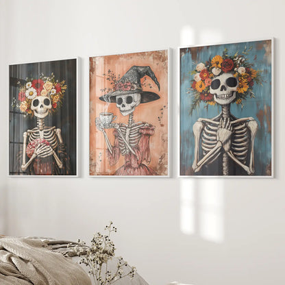 Cozy Floral Skeleton Halloween Wall Art Poster Set