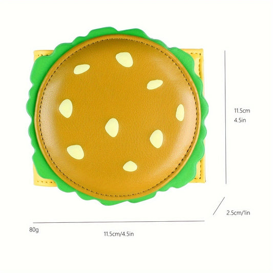 Hamburger-shaped coin purse with measurements on a white background