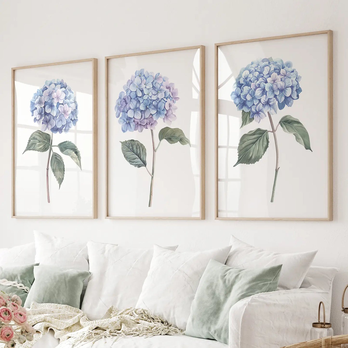 Light blue hydrangea wall art set of 3 floral prints