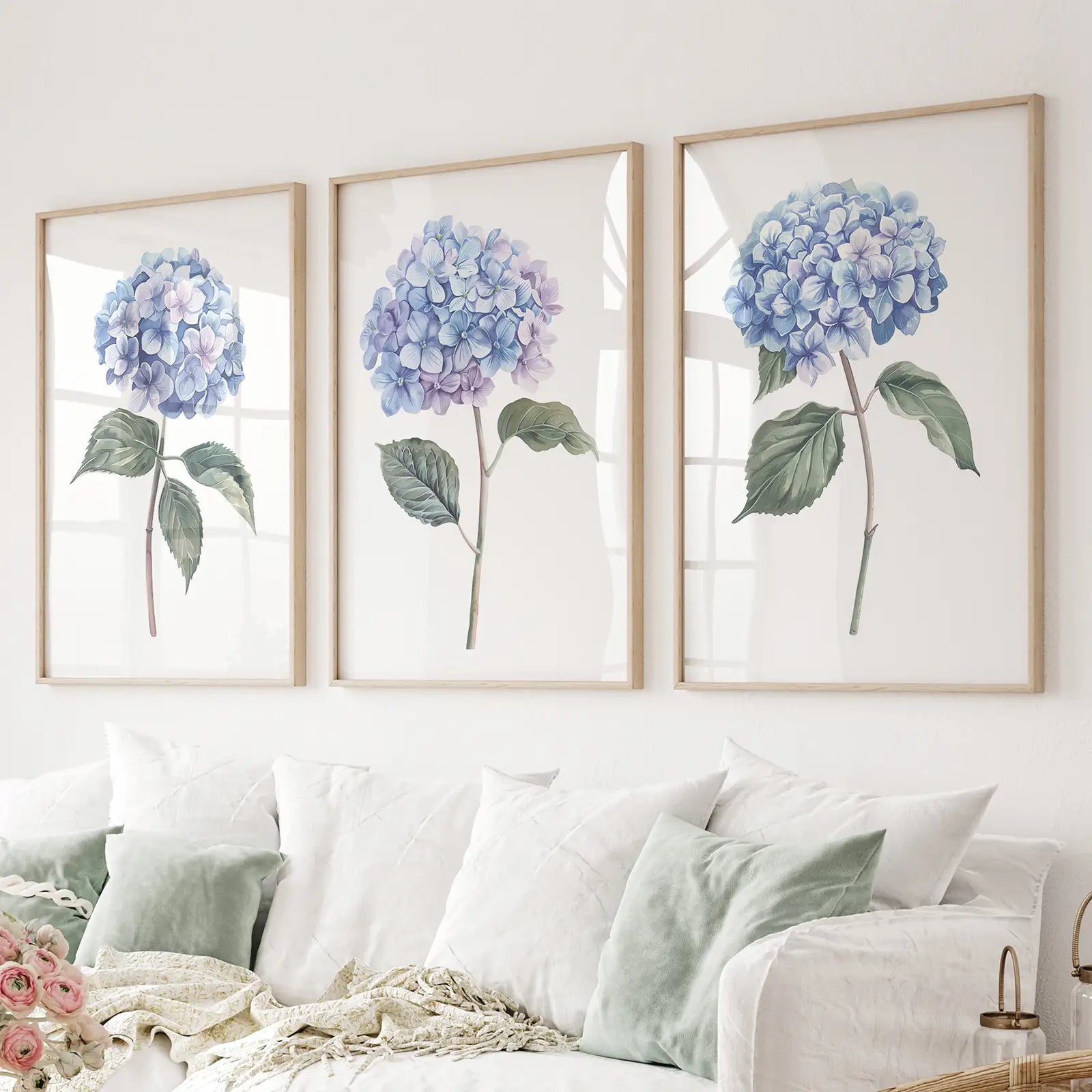 Light blue hydrangea wall art set of 3 floral prints