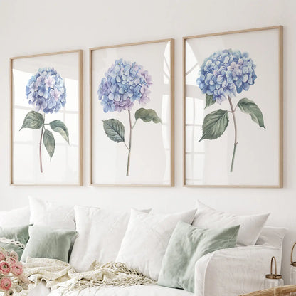 Light blue hydrangea wall art set of 3 floral prints