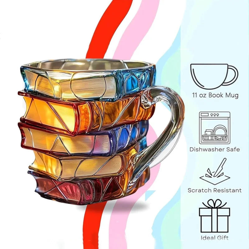 Hand-painted stacked book glass mug with dishwasher-safe and scratch-resistant features