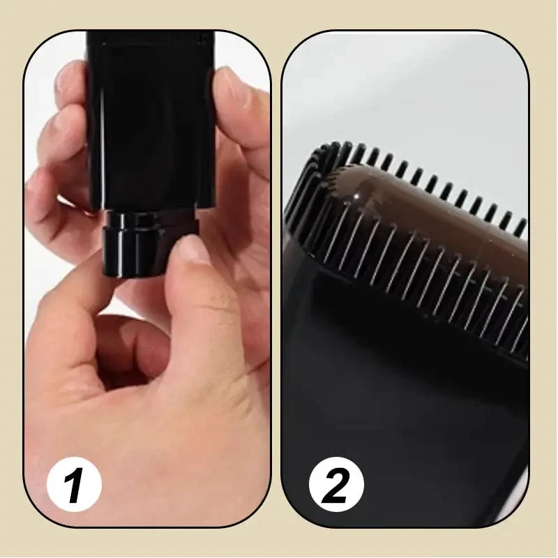 Hand holding black hair dye comb applicator demonstrating easy twist-and-apply gray touch-up method